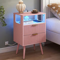 JOONEE Pink Nightstand with Charging Station and LED Lights, Modern Bedside by JOONEE