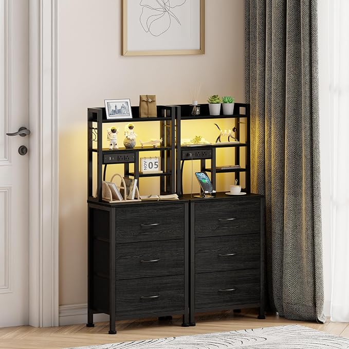 Furnulem Tall Night Stand with 3 Fabric Drawers and LED Lights, Nightstand with - Image 2