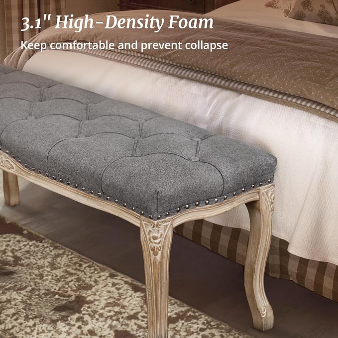 Cozyman Bedroom Bench, French Vintage Tufted Entryway 45.2" Carving Upholstered - Image 6