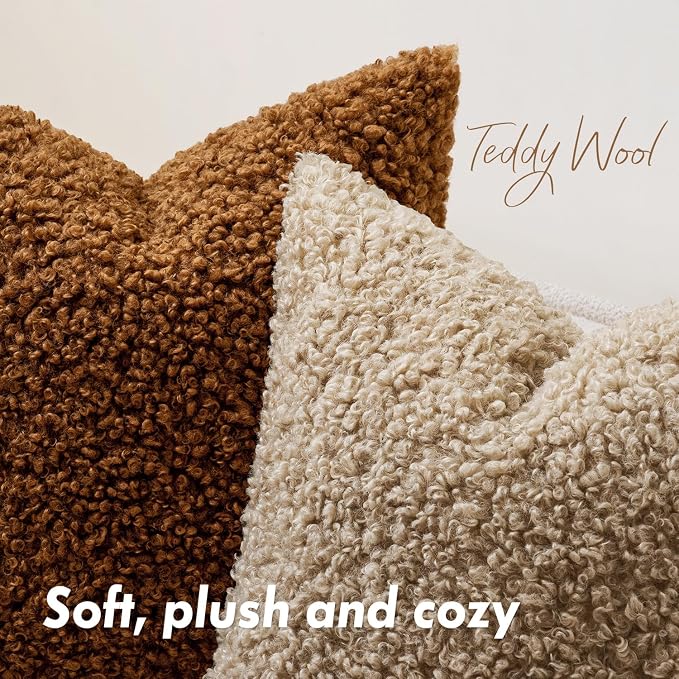 Faux Fur Throw Pillow Covers 24x24 Inch Set of 2 Boucle Neutral Decorative - Image 5
