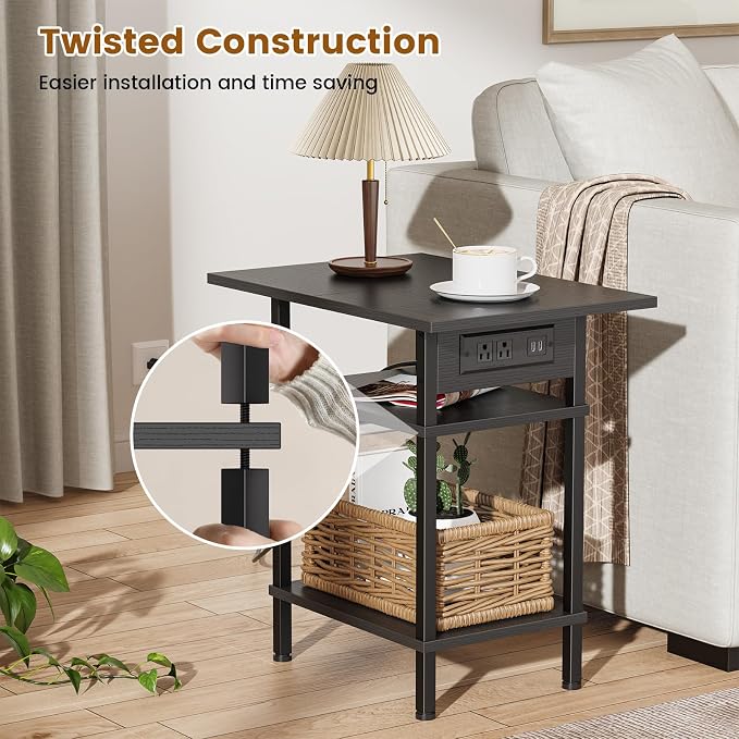 Asgolion Side Table with Charging Station, Skinny Nightstand with USB Ports and - Image 6