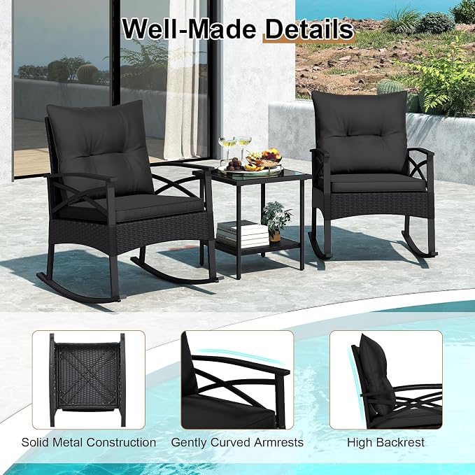 Tangkula 3 Pieces Outdoor Rocking Chairs Set, Rattan Heavy Duty Cushioned - Image 9