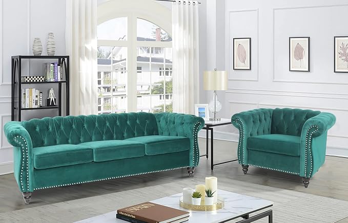 RARZOE Modern 2 Pieces Living Room Sofa Set, Contemporary Tufted Button Velvet by RARZOE