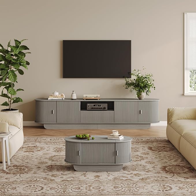 Fluted TV Stand and Coffee Table Set of 2, 86.6'' TV Console by ukaocai