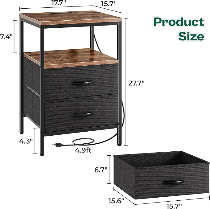 Huuger Night Stand with Charger Station, 27.7 Inch Tall Nightstand, Bed Side - Image 3