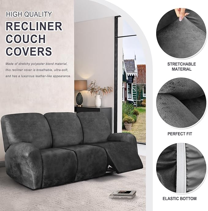 ANARACHON Leather Look Recliner Couch Cover, 8-Pieces Stretch Recliner Sofa - Image 5