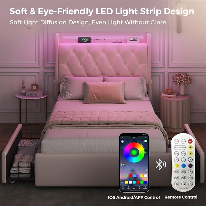 Twin LED Velvet Bed Frame with 2 Storage Drawers&Hidden Headboard, Upholstered - Image 3