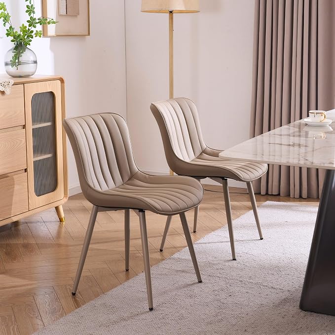 YOUNUOKE Mid-Century Modern Dining Chairs Set of 2, Khaki PU Leather - Image 8