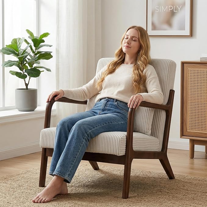 Mid Century Modern Accent Chair, Upholstered Corduroy Armchair - Image 3