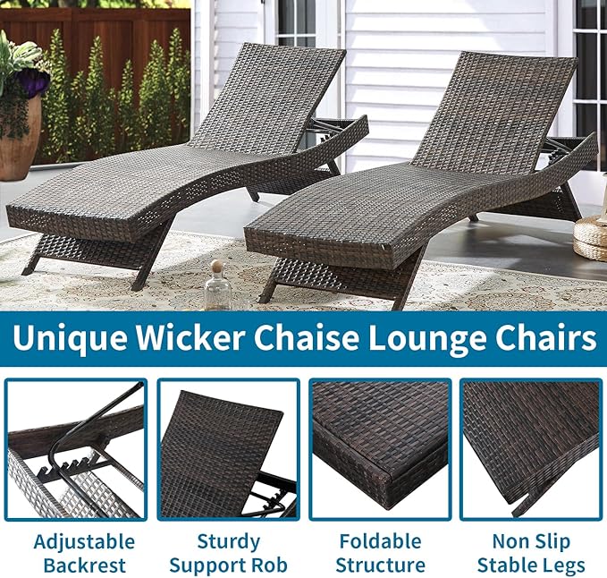 79'' Long Reclining Chaise Lounge + Side Table Set of 2, Outdoor Wicker - Image 3