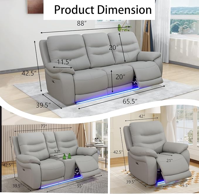 Power Recliner Sofa Set with LED, Air Leather Living Room Furniture Set - Image 2