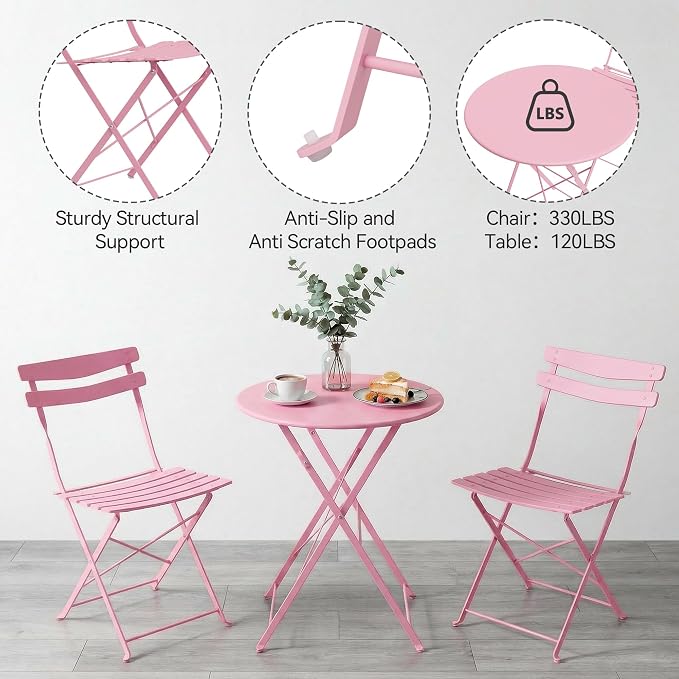 GarveeLife 3 Piece Patio Bistro Set, Folding Patio Bistro Table and Chairs Set - Image 6