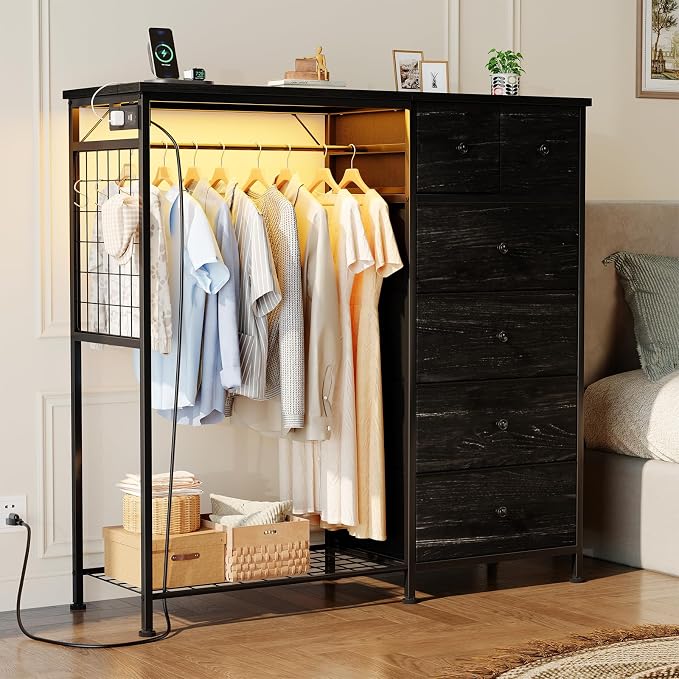 DUMOS Dresser for Bedroom with Hanging Rack, 6 Drawer Fabric Dresser with - Image 2