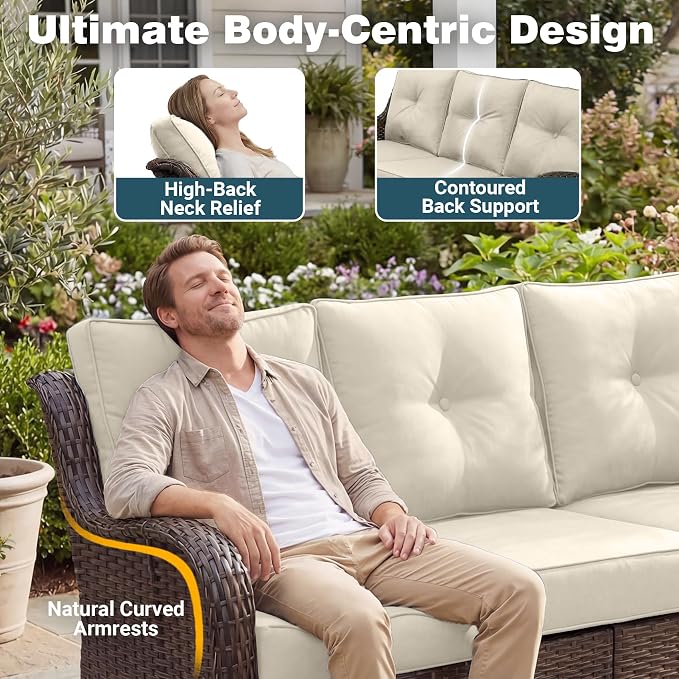 Patio Furniture Set, High Back Rattan Sofa & Swivel Rocker Chairs, Weather - Image 4