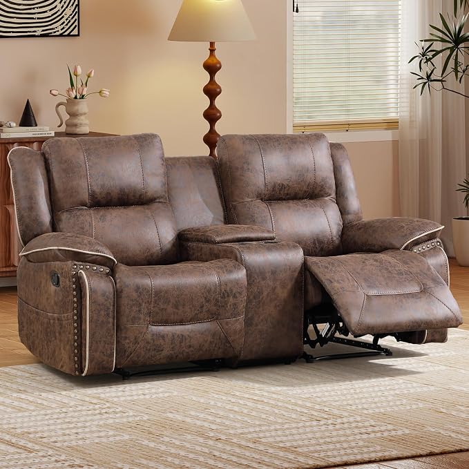 EBELLO Faux Leather Manual Recliner Loveseat, 2 Seater Reclining Sofa Chair by EBELLO
