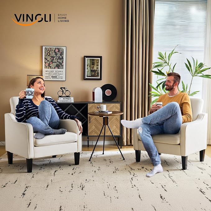 VINGLI Beige Accent Chairs for Living Room, Line Comfy Upholstered Chair Mid - Image 9