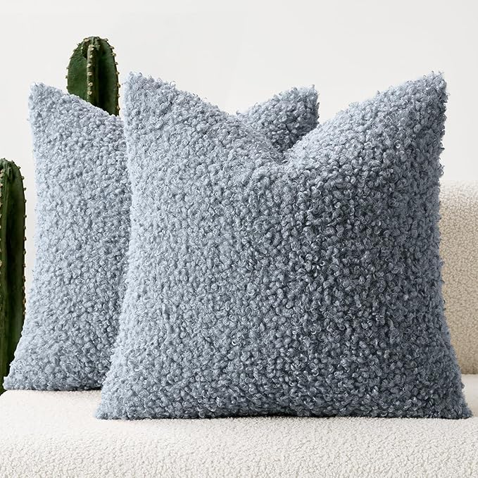 Faux Fur Throw Pillow Covers 18x18 Inch Set of 2 Boucle Neutral Decorative by Woaboy