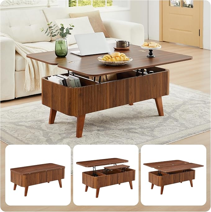 3 in 1 Lift Top Coffee Table, Fluted Convertible Coffee Tables Converts to - Image 3