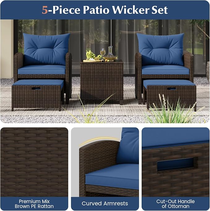 Tangkula 5 Pieces Patio Conversation Set, PE Wicker Rattan Outdoor Furniture Set - Image 9