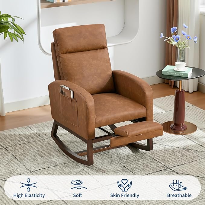 Rocking Chair Nursery with Foot Rest, Modern PU Upholstered Reading Glider - Image 6