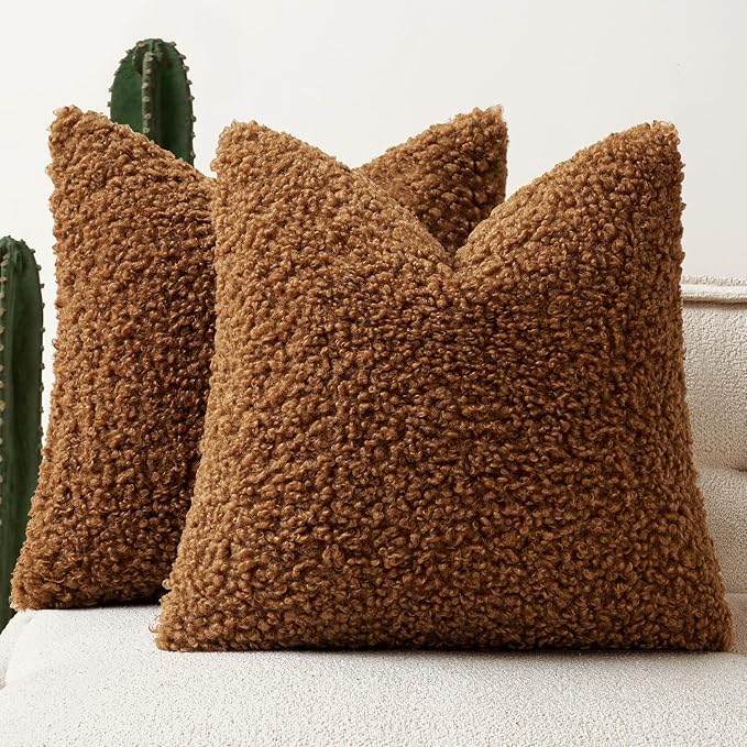 Faux Fur Throw Pillow Covers 18x18 Inch Set of 2 Boucle Neutral Decorative by Woaboy