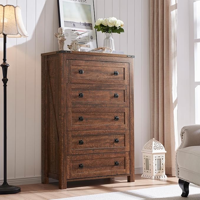 T4TREAM Farmhouse 5 Drawers Dresser Chests by T4TREAMFurniture