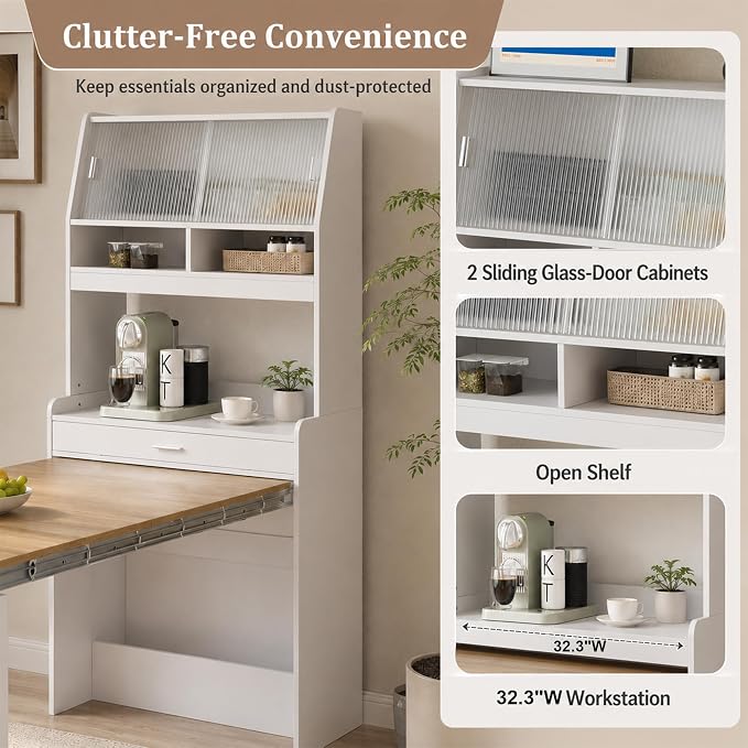 Kitchen Storage Cabinet with Hutch and Extendable Dining Table, 33.5" - Image 3