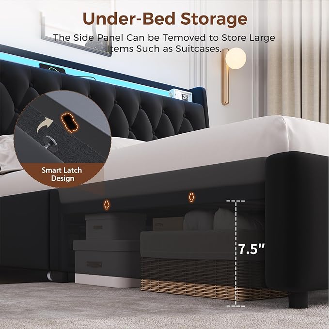 Full LED Velvet Bed Frame with 2 Storage Drawers&Hidden Headboard, Upholstered - Image 4
