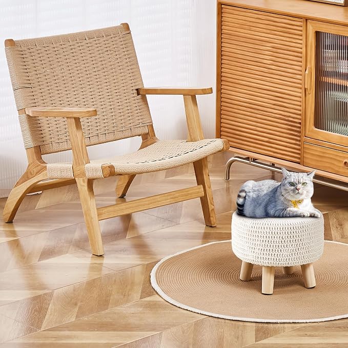 Wimarsbon Pouf Ottoman, 100% Cotton Knitted Boho Footstool, Round Footrest - Image 2
