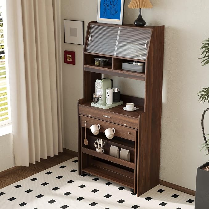 Compact Buffet with Hutch and Foldable Dining Table, 2-in-1 Buffet - Image 4