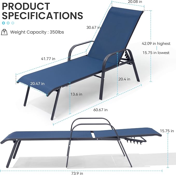 Crestlive Products Outdoor Chaise Lounge Chair, 5-Position Pool Lounge Chairs - Image 2