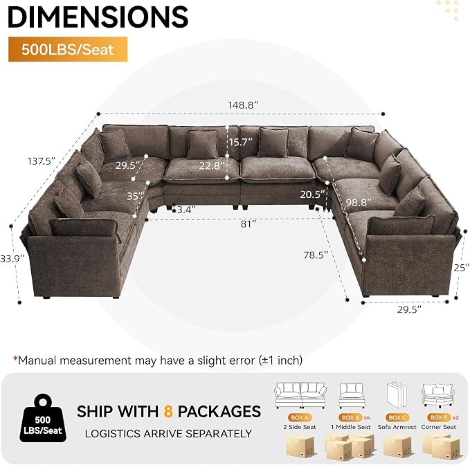 147'' Oversized U Shaped Cloud Sectional Sofa, Chenille Deep Seat Couches - Image 2
