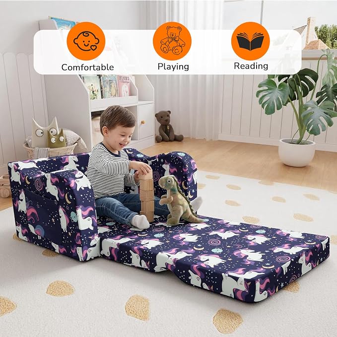 MeMoreCool Kids Folding Couch – Purple Unicorn Toddler Chair, Fold-Out 2-in-1 - Image 4
