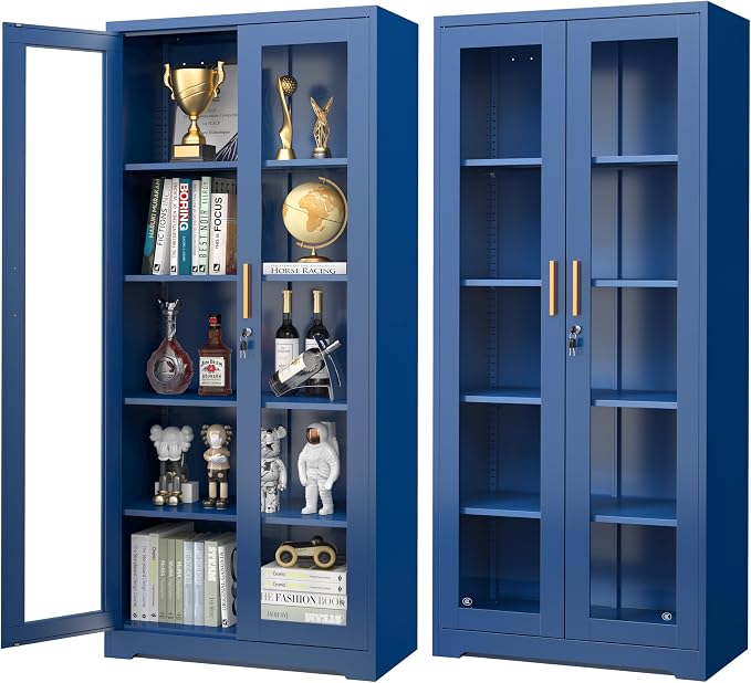 Polup Curio Cabinets with Glass Doors, Tall Bookcase with Adjustable Shelves by POLUP