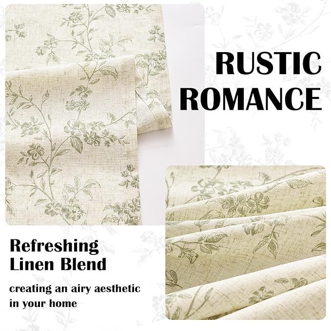 Lazzzy Linen Farmhouse Curtains Green Floral Curtains 63 Inch Length Back Tab - Image 4