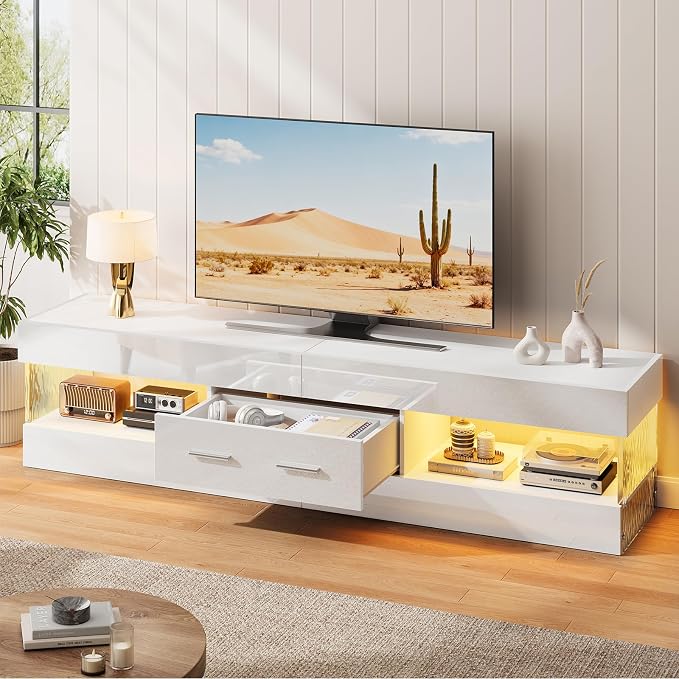 Bestier 67" Modern TV Stand for TVs up to 75 Inch, High Gloss LED Entertainment - Image 5