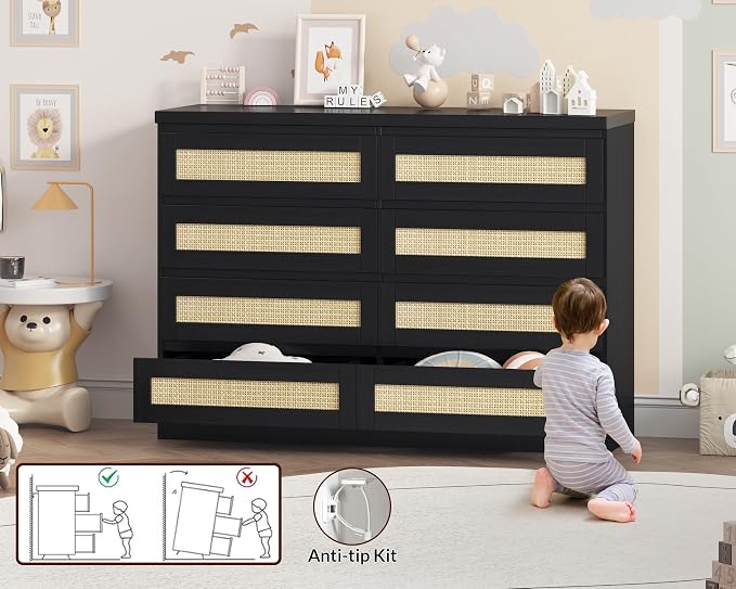 47 Inch Rattan 8 Drawer Dresser, Modern Farmhouse Chest of Drawers, Tv Stand - Image 7