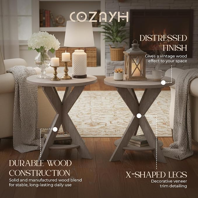 Set of 2 Farmhouse Cross Leg end Table, French Country Accent Side Table - Image 3