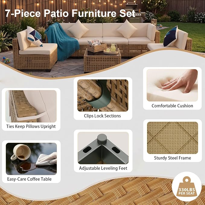 KIGOTY 7-Piece Patio Furniture Set, All-Weather PE Rattan Outdoor Sectional Sofa - Image 7
