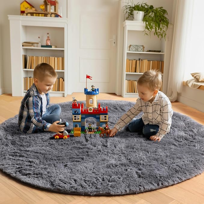 ONASAR Grey Round Area Rug 4ft, Fluffy Plush Shaggy Carpet Mats - Image 4