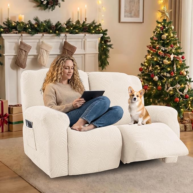Recliner Loveseat Covers, 4-Piece Stretch Geometric Strokes Jacquard Reclining - Image 5