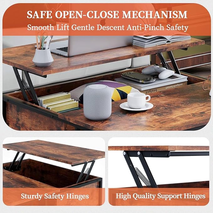 Coffee Table with Storage, Lift Top Coffee Table with Display Shelf and Hidden - Image 3