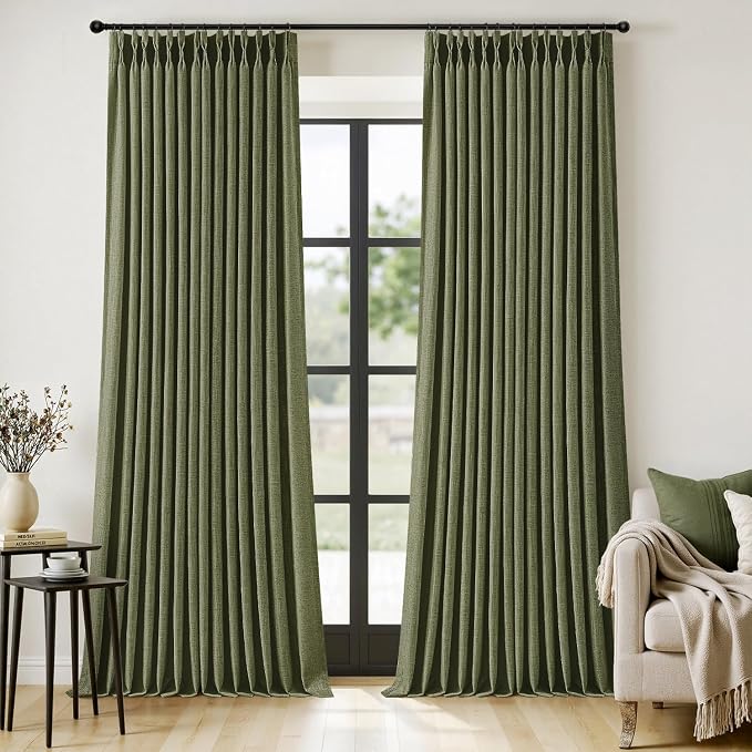 MIULEE Olive Green Pinch Pleated Thick Linen Curtains 102 Inches Long 2 Panels by MIULEE