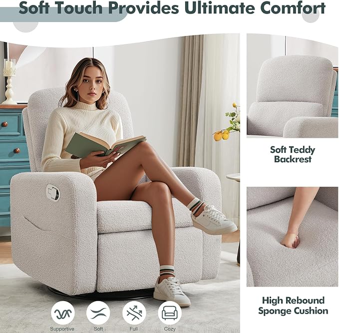 Swivel Rocker Recliner, Oversized Teddy Manual Nursery Glider Rocking Recliner - Image 7