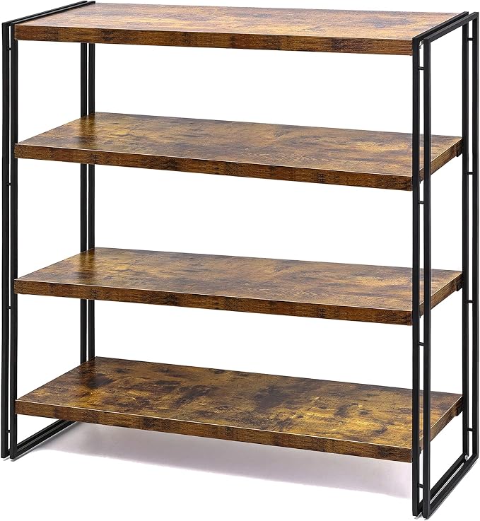 HCHQHS Bookshelf, 4-Tier Industrial Bookcase, Rustic Wood and Metal Open by HCHQHS