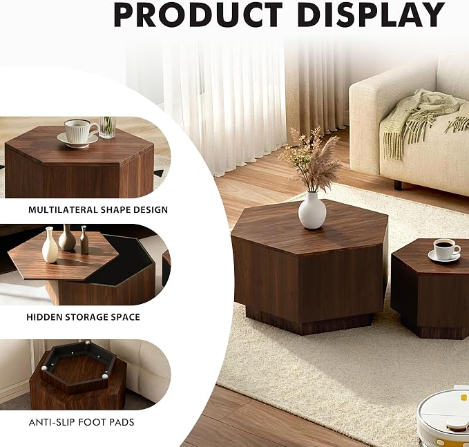 Hexagonal Nesting Coffee Tables Set of 2, Walnut Coffee Table - Image 5