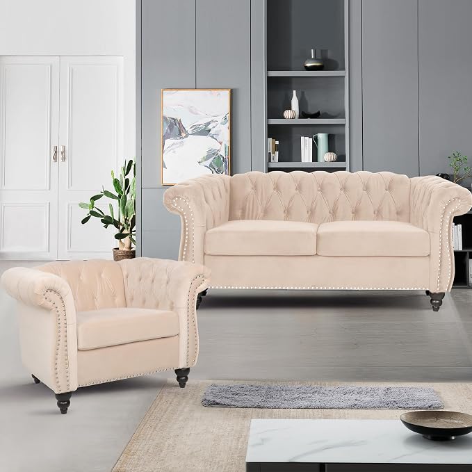 QHITTY 2 Piece Living Room Set, Sectional Chesterfield Sofa Chair Contemporary - Image 9