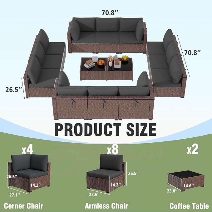 KIGOTY 14-Piece Patio Furniture Set, All-Weather PE Rattan Outdoor Sectional - Image 2