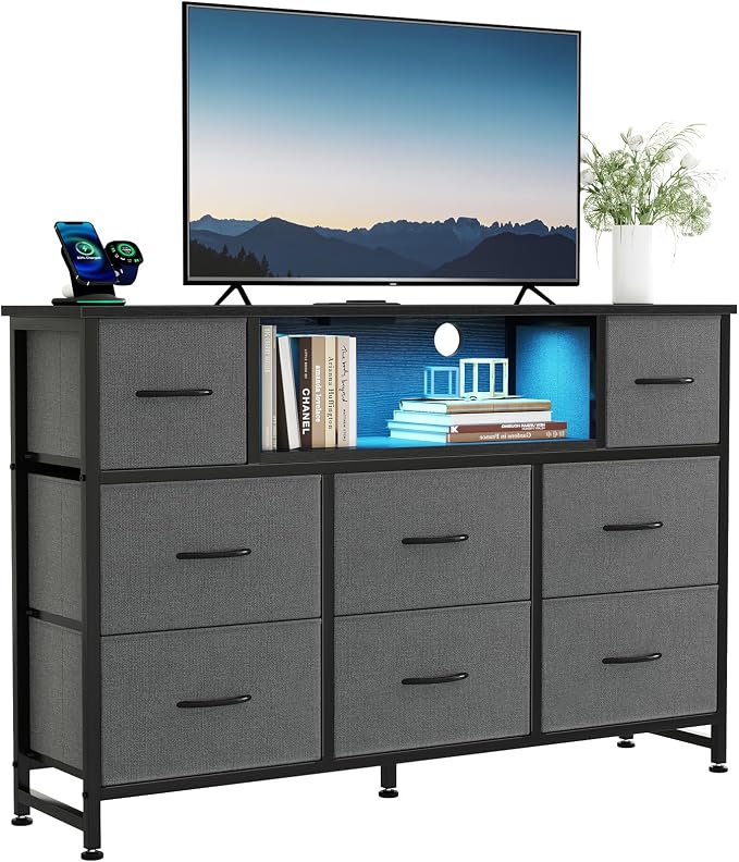 DUMOS TV Stand Dresser with 8 Fabric Drawers and Open Shelves, LED by DumosLifestyle