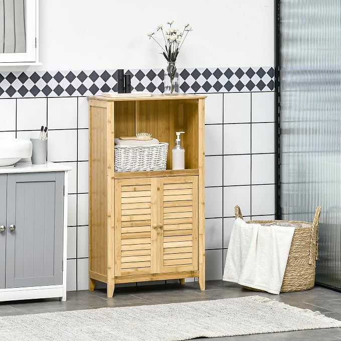 HOMCOM Bamboo Floor Cabinet Bathroom Floor Cabinet Living Room Organizer Tower - Image 2